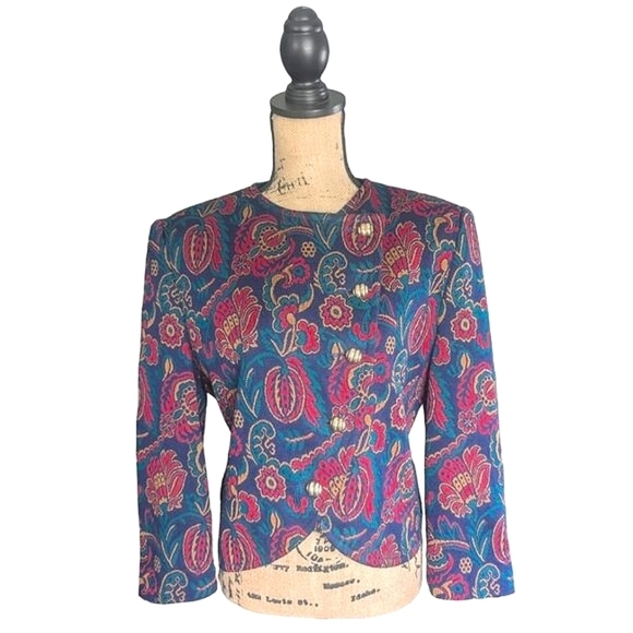 Vintage Jackets & Blazers - Vintage Crop Paisley Print Tailored Structured Designer Henry Lee Jacket Size 10